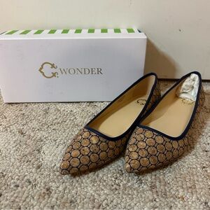 C. Wonder Tan Cork-Pattern Pointed Flats with Navy Trim